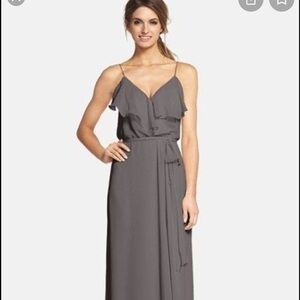 Amsale Nouvelle Drew Gray Chiffon Ruffle Wrap Spaghetti Strap Dress